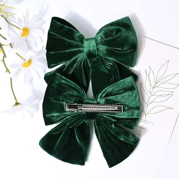 Velvet Hair Bows Girls 6" 2 Big Green Bow Alligator Clips for Kids Hair Clips s4 - Picture 4 of 6
